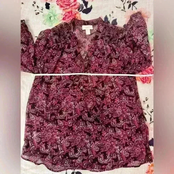 Ann Taylor Loft Sheer Work Blouse w/ Tie Closure Black/Purple/Grey Women's Sm - Picture 5 of 6